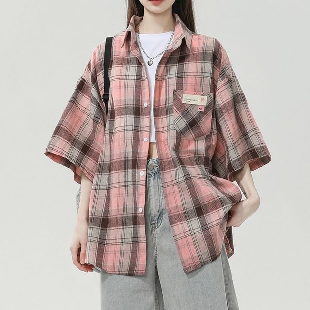 Samso-Elbow-Sleeve Pocketed Plaid Shirt