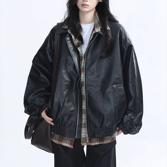 Samso-Faux Leather Collared Zip-Up Barn Jacket