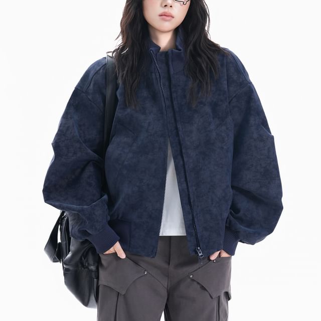 Samso-Faux Leather Zip-Up Bomber Jacket