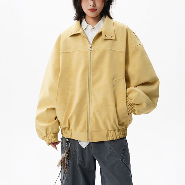 Samso-High Neck Plain Zip-Up Jacket