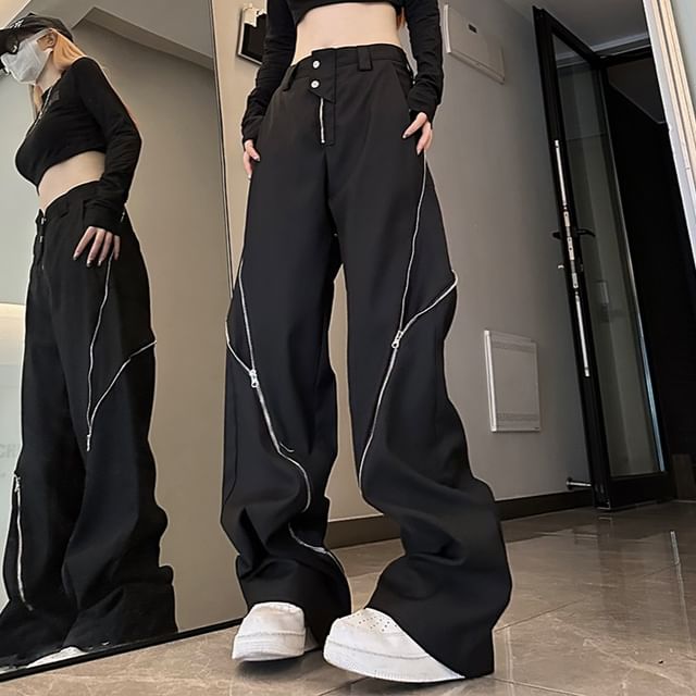 Samso-High Waist Contrast Zip Wide Leg Pants