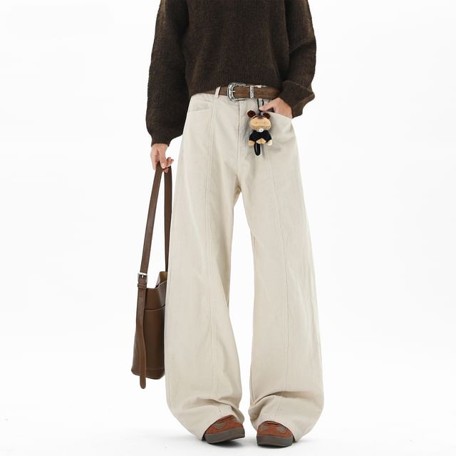 Samso-High Waist Plain Panel Corduroy Baggy Pants