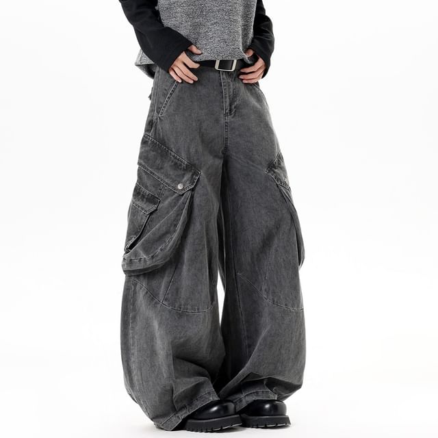 Samso-High Waist Plain Wide Leg Cargo Pants