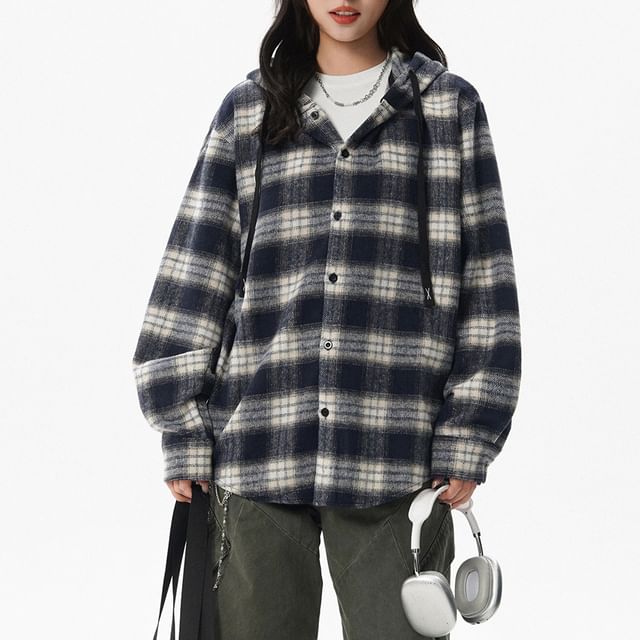 Samso-Hooded Plaid Button Up Shirt Jacket