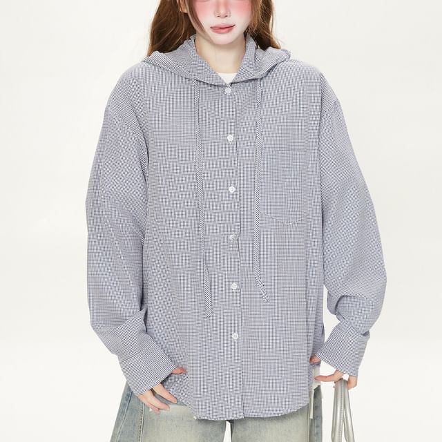 Samso-Hooded Plaid Button Up Shirt Jacket