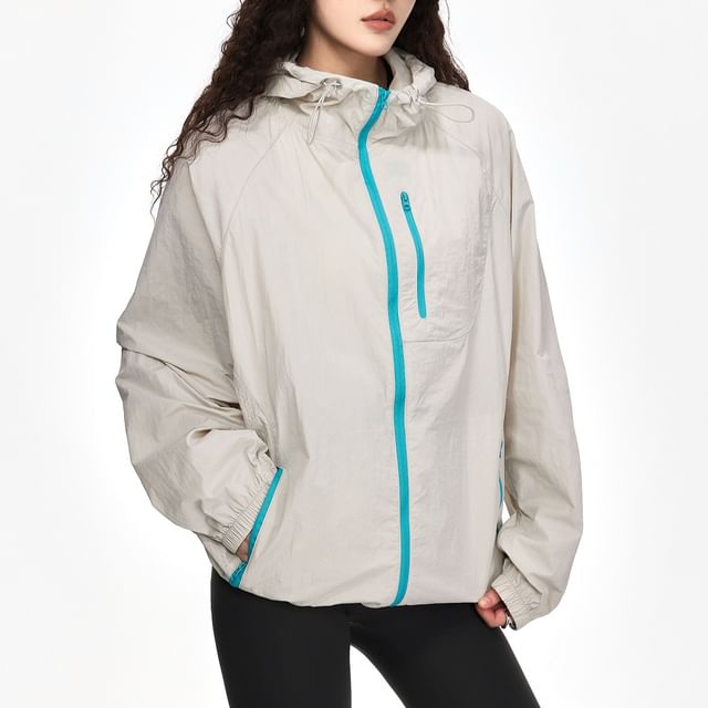 Samso-Hooded Plain Contrast Trim Zip Jacket