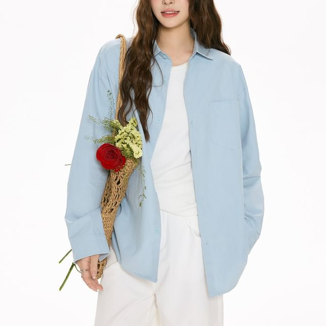 Samso-Long-Sleeve Button-Up Plain Shirt
