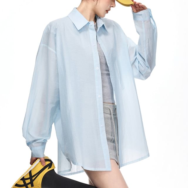 Samso-Long-Sleeve Collared Plain Button Up Shirt