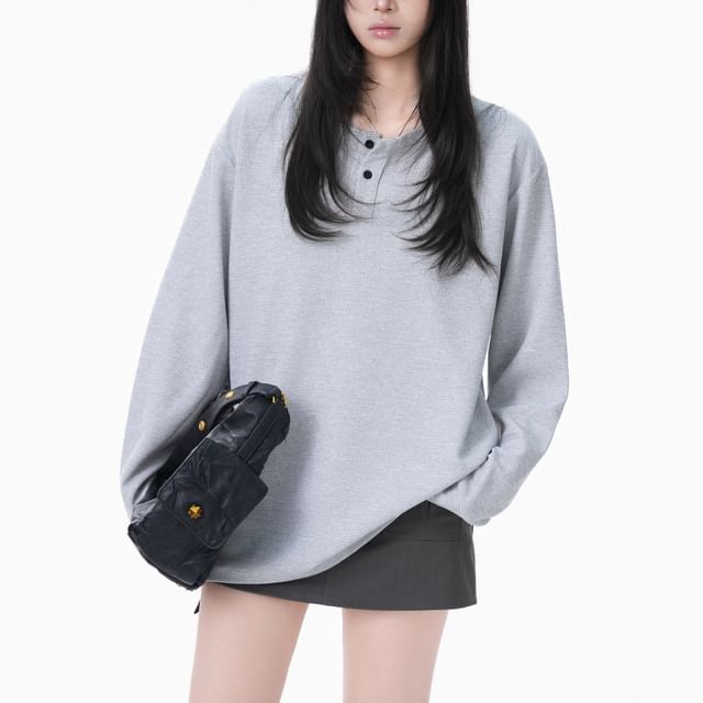 Samso-Long-Sleeve Henley Plain T-Shirt