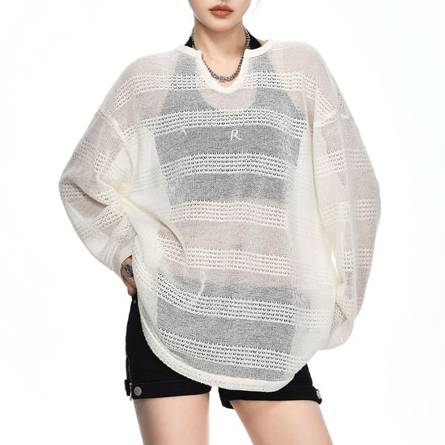 Samso-Long-Sleeve Notch Neck Striped Oversized Knit Top