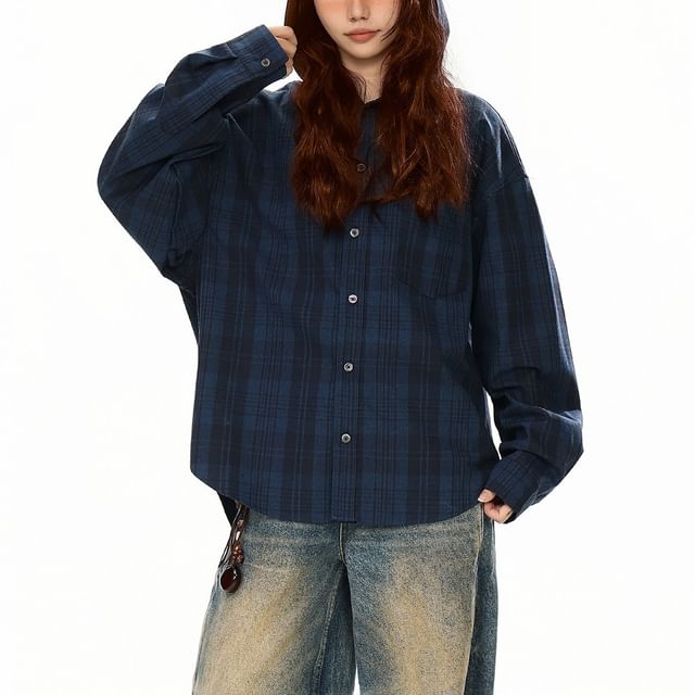 Samso-Long-Sleeve Plaid Hooded Button-Up Shirt