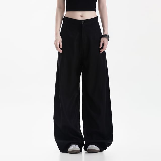 Samso-Low Waist Plain Baggy Wide Leg Pants
