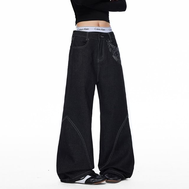 Samso-Mid Rise Contrast Stitched Wide Leg Jeans