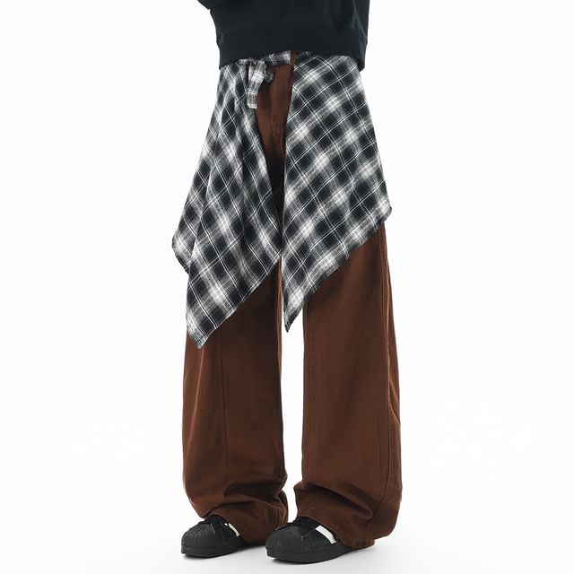 Samso-Mid Rise Plaid Panel Baggy Pants