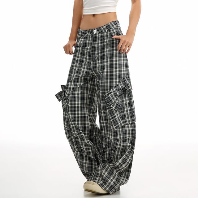 Samso-Mid Rise Plaid Wide Leg Cargo Pants