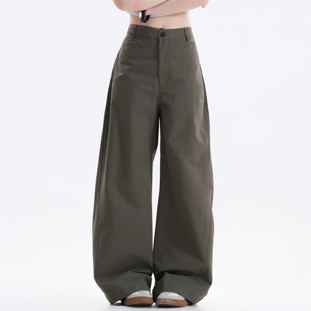 Samso-Mid Rise Plain Wide Leg Barrel Pants