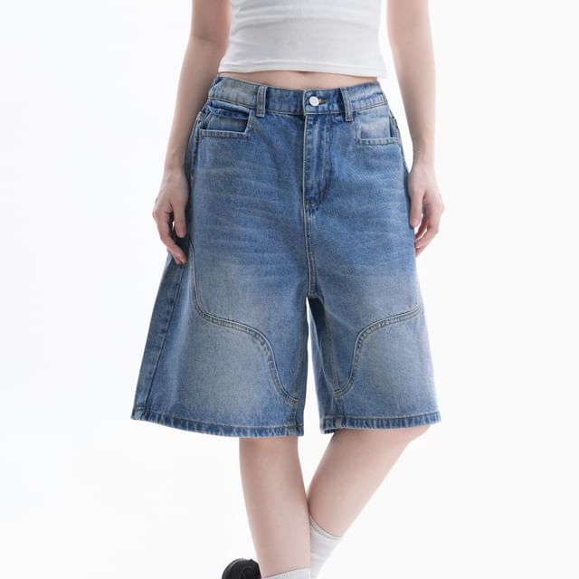 Samso-Mid Rise Washed Denim Wide Leg Jorts