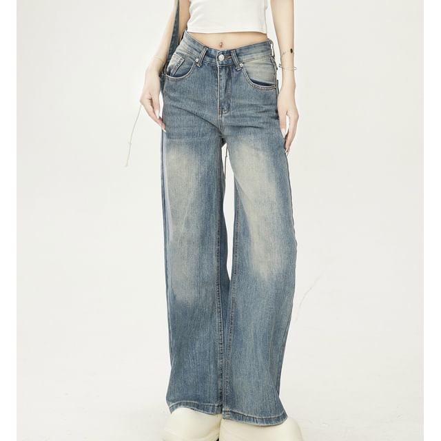 Samso-Mid Rise Washed Straight Leg Jeans