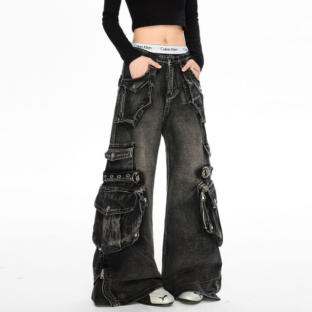 Samso-Mid Rise Washed Wide Leg Cargo Jeans
