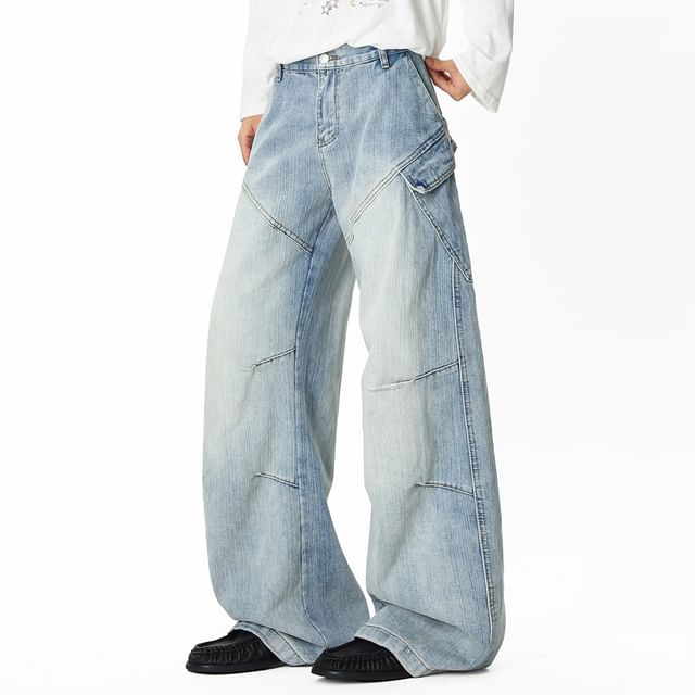 Samso-Mid Rise Washed Wide Leg Jeans