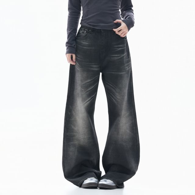 Samso-Mid Rise Washed Wide Leg Jeans