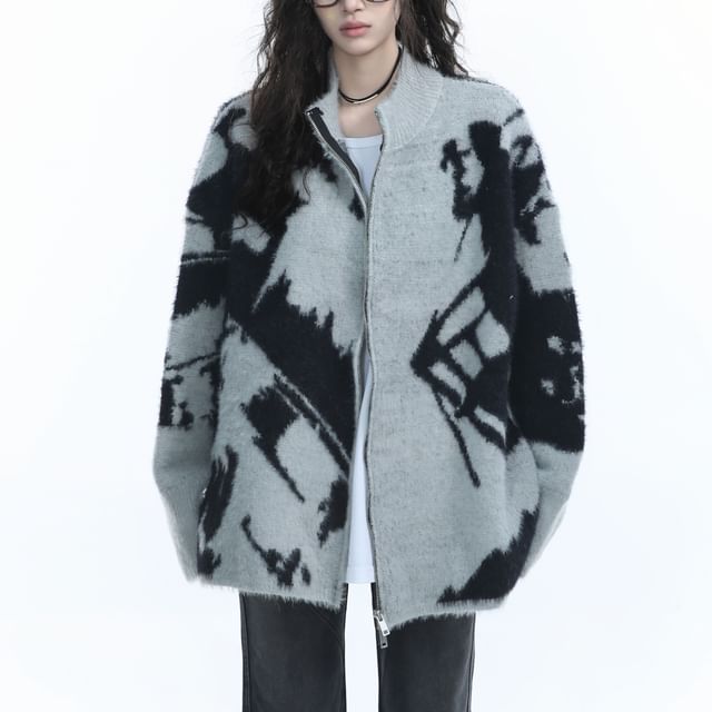 Samso-Mock Neck Jacquard Zip-Up Cardigan