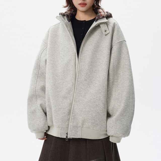Samso-Mock Neck Plaid Panel Zip-Up Jacket