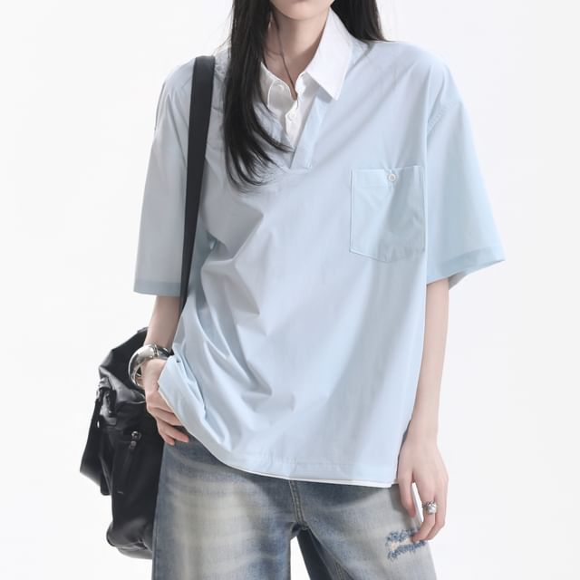 Samso-Mock Two-Piece Elbow-Sleeve Collared Two Tone Overhead Shirt