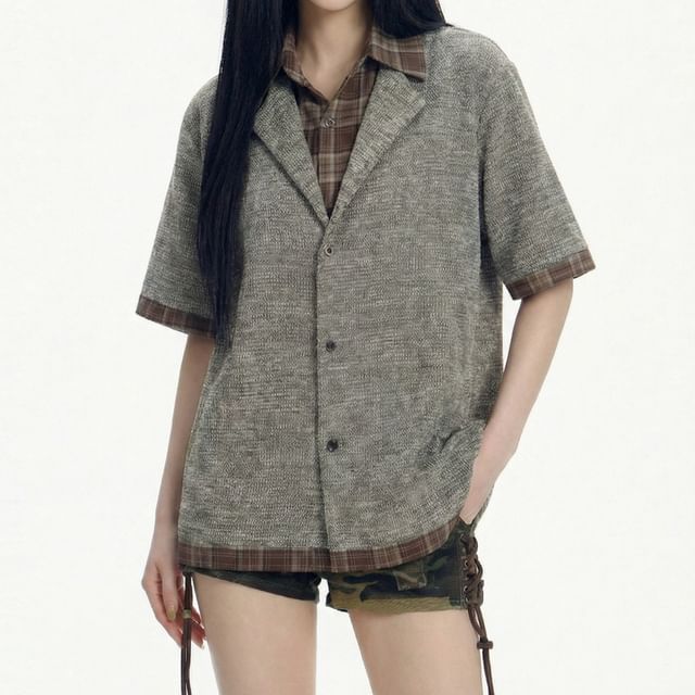 Samso-Mock Two-Piece Elbow-Sleeve Plaid Panel Button-Up Top