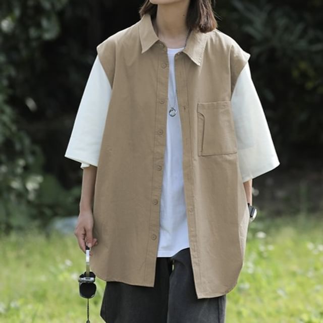 Samso-Mock Two-Piece Elbow-Sleeve Two Tone Shirt