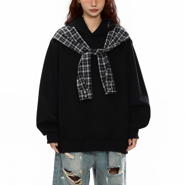 Samso-Mock Two-Piece Plaid Panel Hoodie