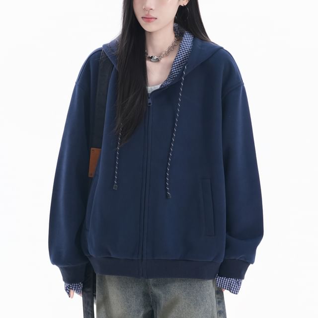 Samso-Plaid Panel Zip Hoodie