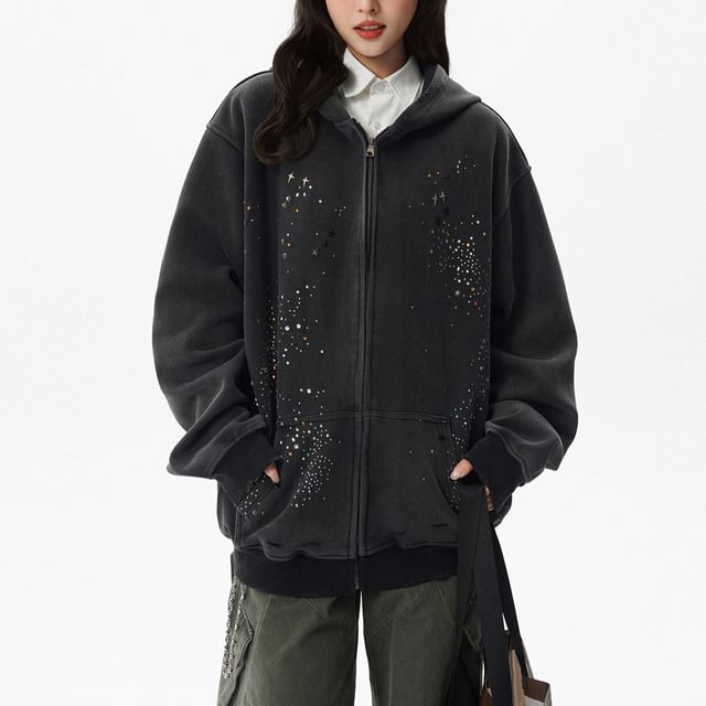 Samso-Plain Rhinestone Detail Zip Hoodie
