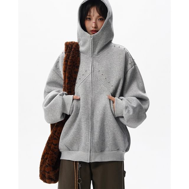 Samso-Plain Studded Oversized Zip Hoodie