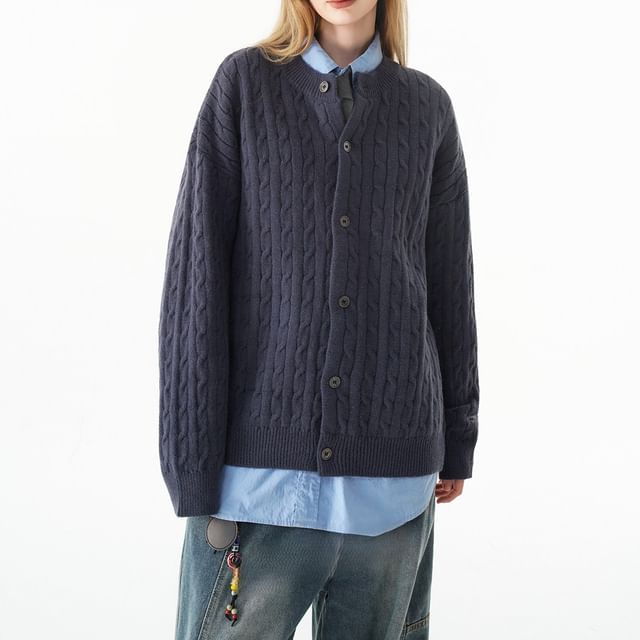 Samso-Round Neck Plain Cable Knit Button Up Cardigan