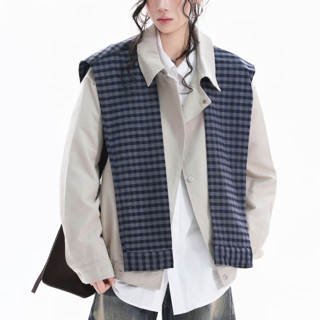 Samso-Set Collared Button-Up Plain Jacket Plaid Shawl