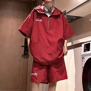 Samso-Set Elbow-Sleeve Half Zip Hoodie Shorts