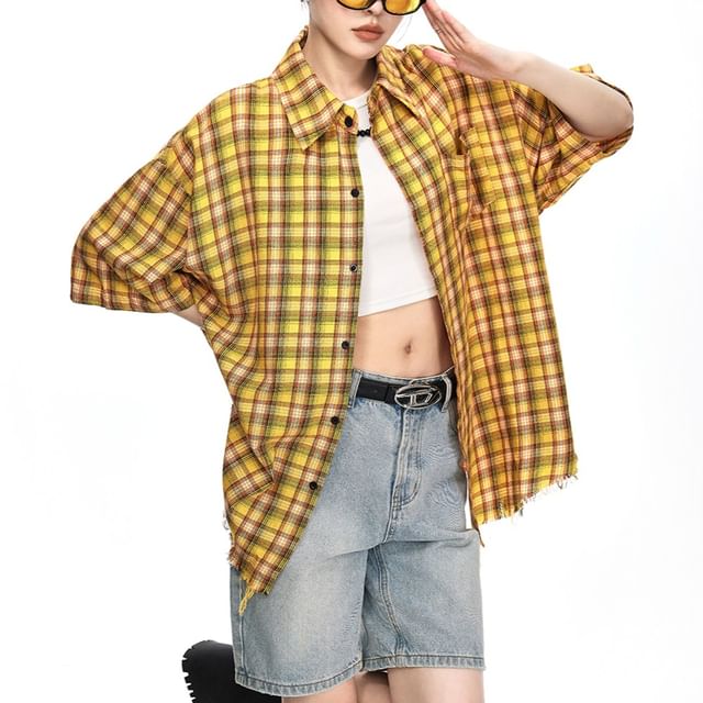 Samso-Short-Sleeve Collared Plaid Button Up Oversized Shirt