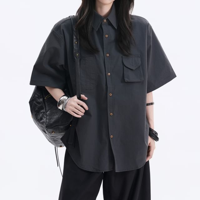 Samso-Short-Sleeve Collared Plain Button Up Oversized Shirt