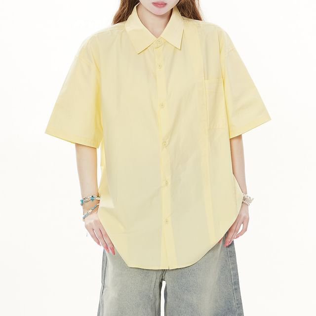 Samso-Short Sleeve Collared Plain Shirt