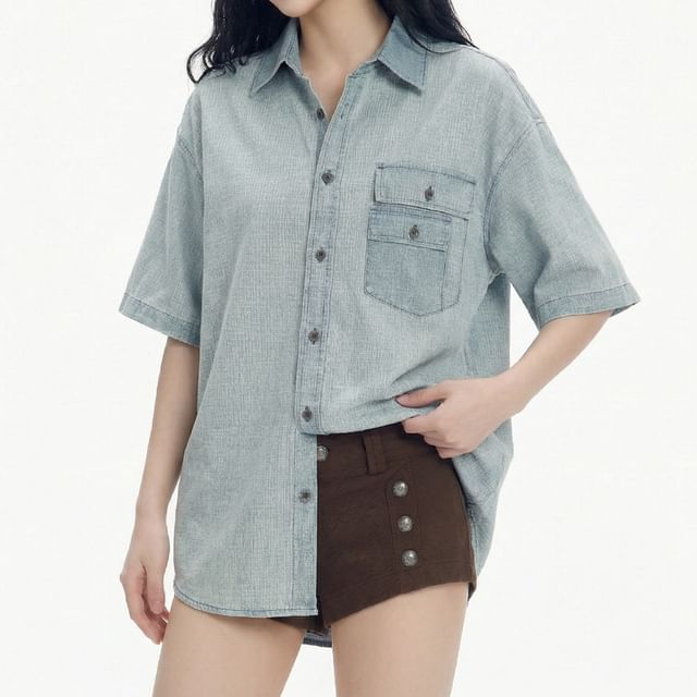 Samso-Short-Sleeve Collared Striped Button Up Shirt