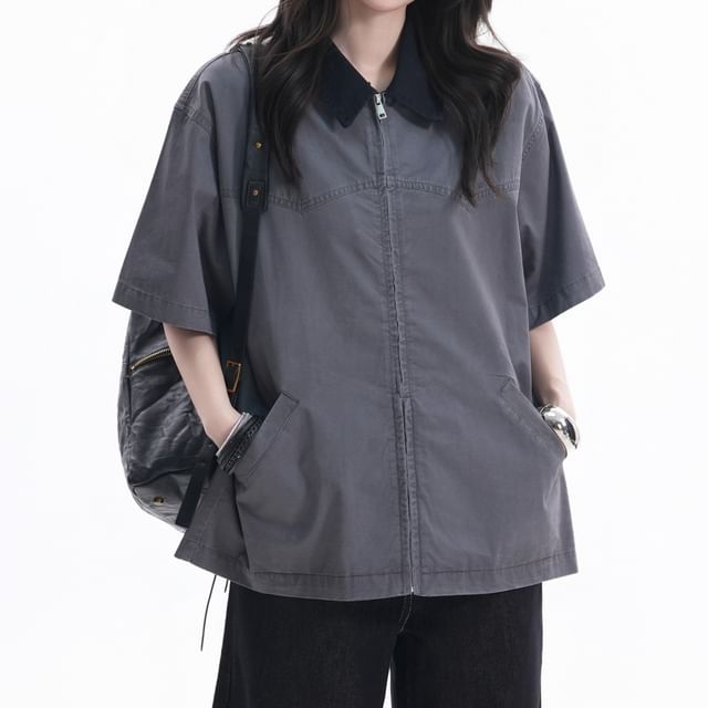 Samso-Short-Sleeve Contrast Trim Zip Shirt