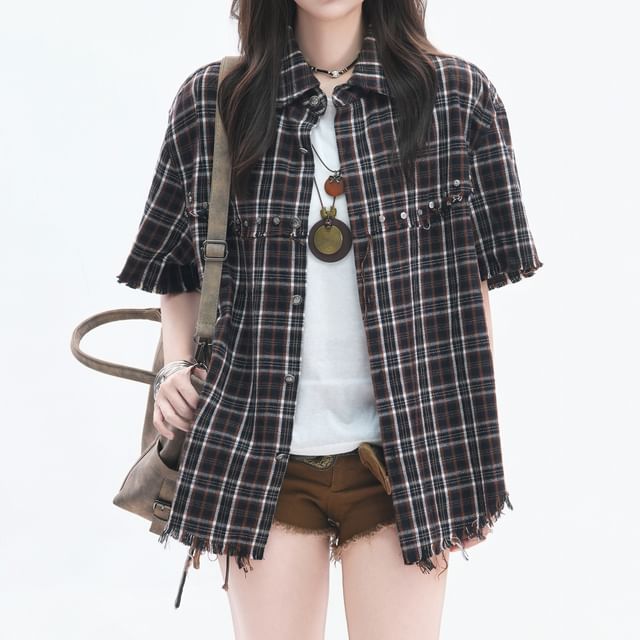 Samso-Short-Sleeve Gingham Plaid Shirt