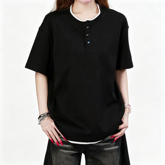 Samso-Short Sleeve Henley Contrast Trim Top