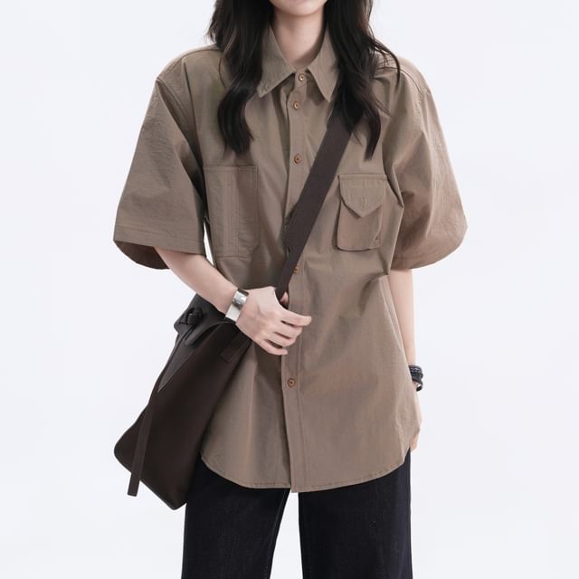 Samso-Short-Sleeve Plain Button-Up Shirt