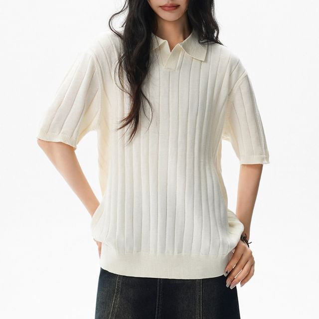 Samso-Short-Sleeve Plain Knit Polo Top