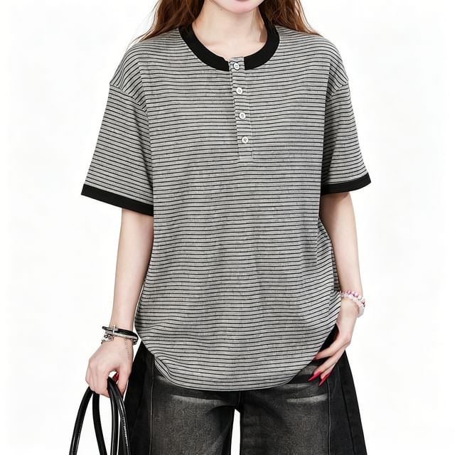Samso-Short Sleeve Round Neck Striped Button T-Shirt