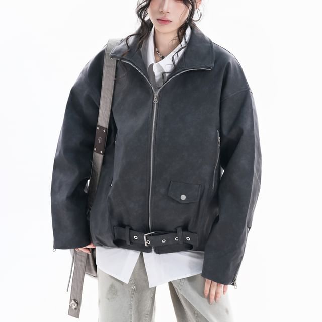 Samso-Stand Collar Buckled Zip-Up Faux Leather Jacket