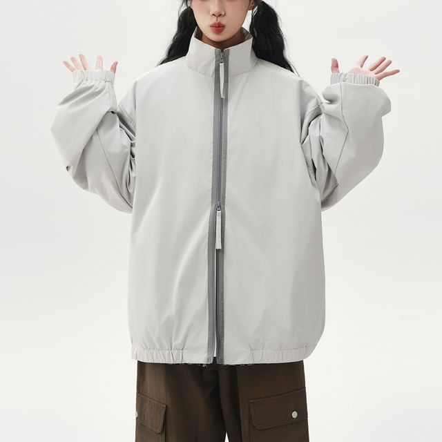 Samso-Stand Collar Contrast Trim Zip-Up Jacket