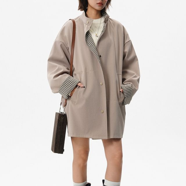 Samso-Stand Collar Plaid Lining Button Coat